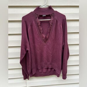 PINKO L open lace neck burgundy high collar soft designer sweater